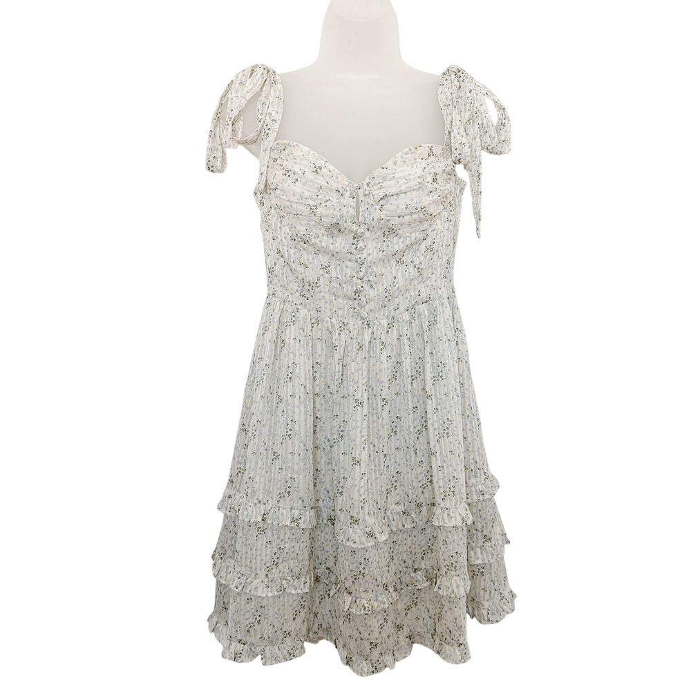 Storia Floral Print Sleeveless Ruffle Trim Mini Dress Ivory Women's Size Large